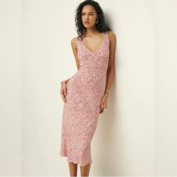 Reformation Dresses & Skirts - NWOT Reformation Beauden Midi Dress Alma Red Floral Dot Print V-Neck Women’s M